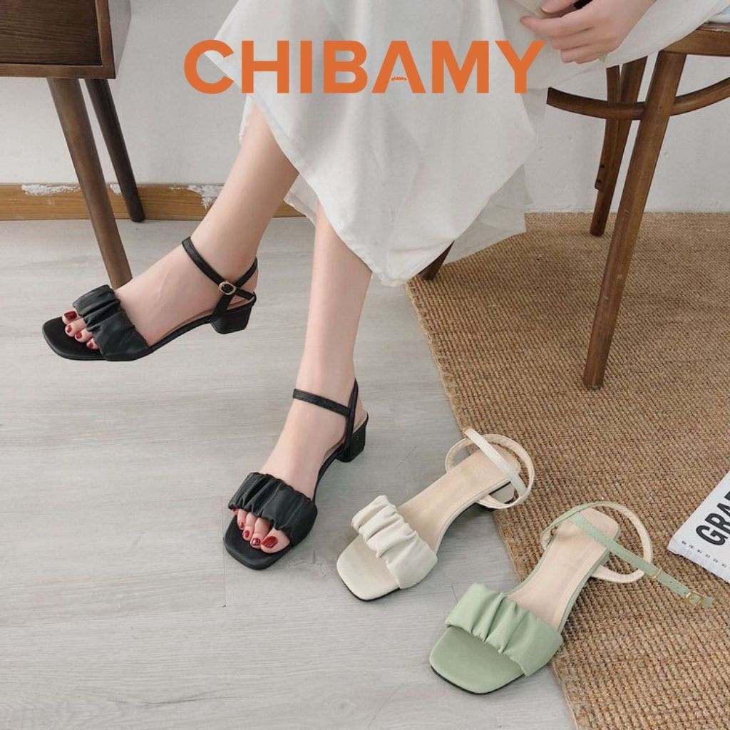 Dép sandal nữ đế vuông cao 3 phân quai nhăn CHIBAMY chất da mềm mịn