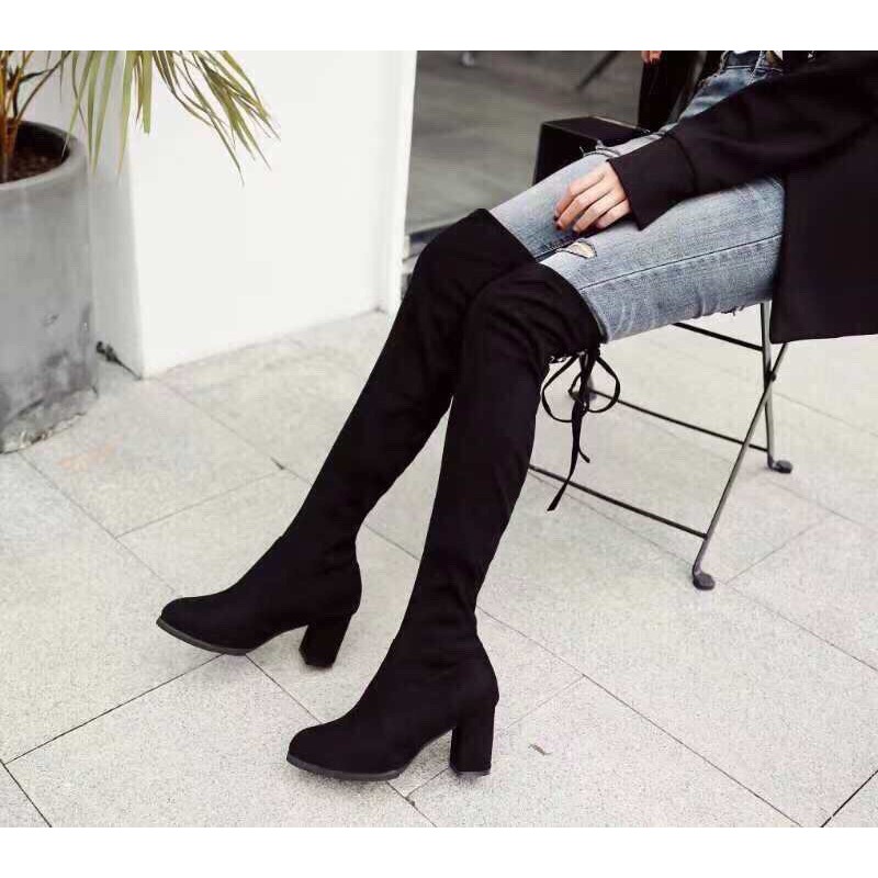 Giày boots nữ, boot dài nữ chất da lộn lót lông gót trụ siêu hot trend