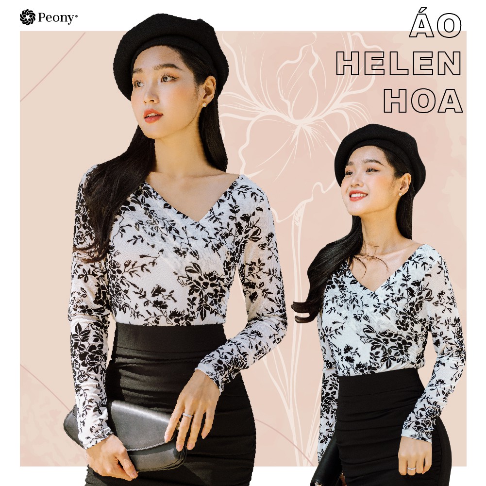 Áo kiểu nữ voan thun, lệch vai, hoạ tiết đơn sắc trẻ trung Peony Design - HELEN HOA TOP