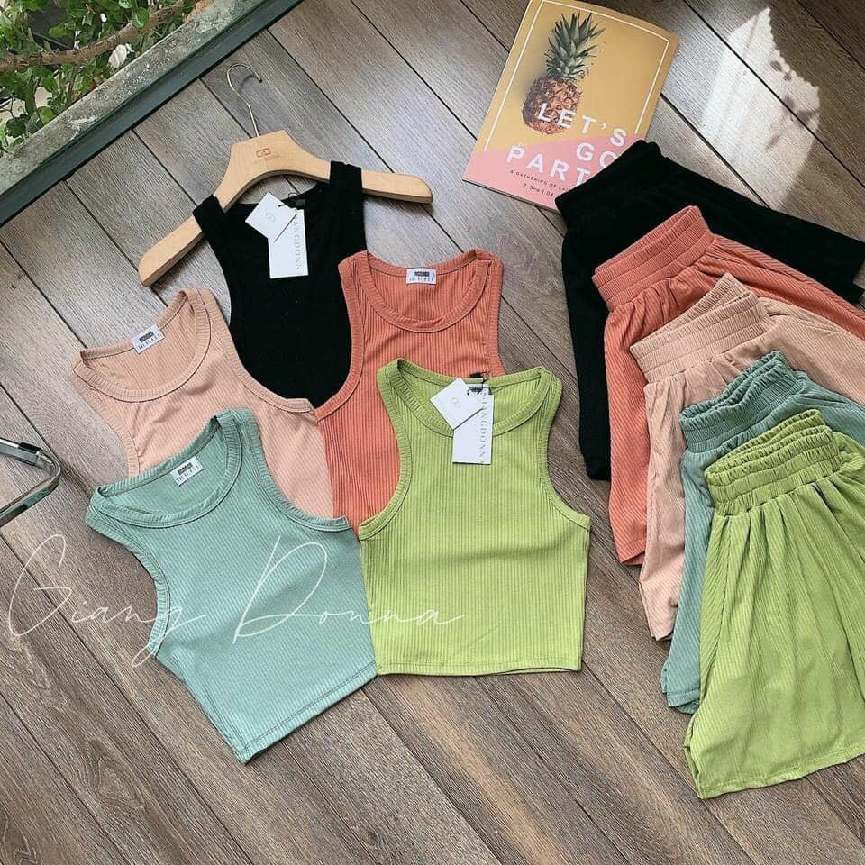 Set bộ áo ba lỗ crt ôm dáng quần đùi ống rộng chất thun gân mềm mát đủ màu năng động thể thao NCS58