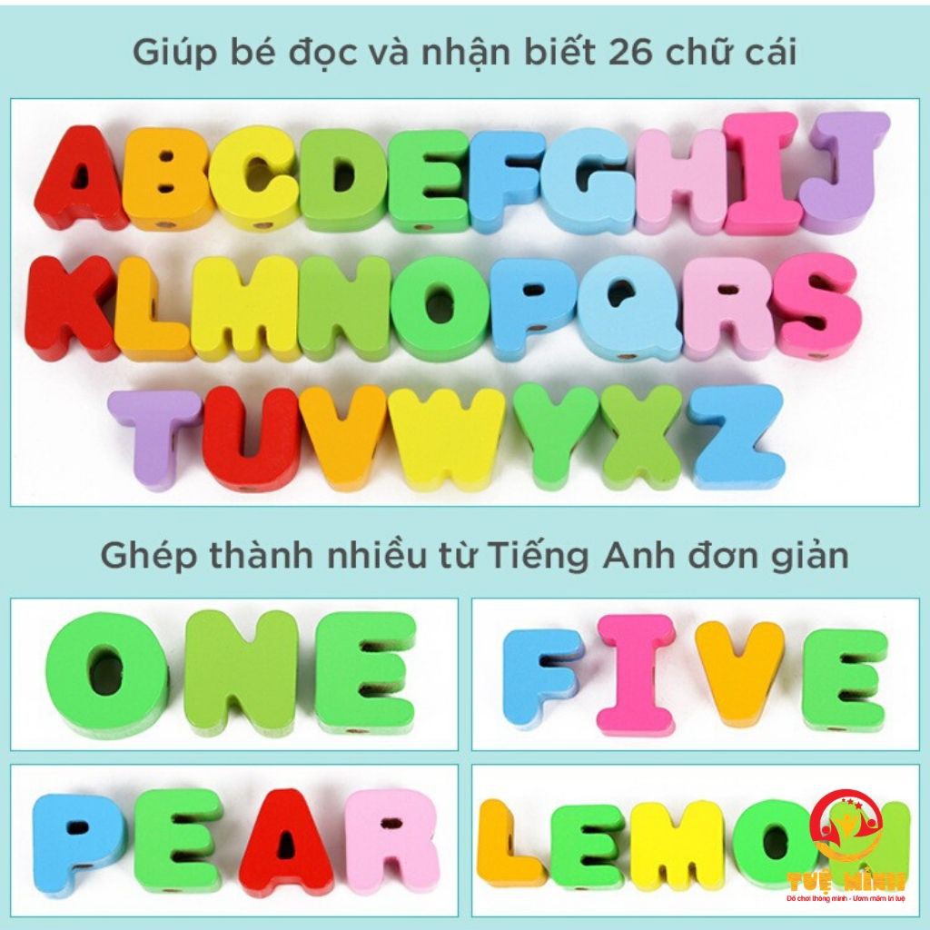 Xâu hạt gỗ 106 chi tiết nhiều chủ đề đồ chơi trí tuệ cho bé phát triển tư duy Tuệ Minh Kids