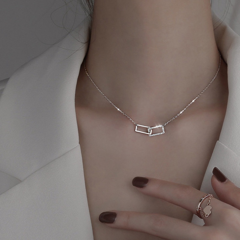 Vòng cổ Mạ Bạc 925 Mặt Hình Chữ Nhật Đính Đá Zircon Thanh Lịch Cho Nữ
