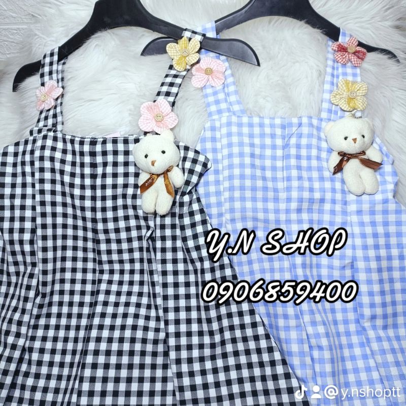 Đầm Babydoll Caro 2 Dây Đính Hoa Và Gấu Đáng Iu