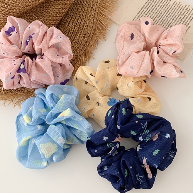 Dây Cột Tóc Scrunchies Vải Voan Hoa Nhí Trẻ Trung