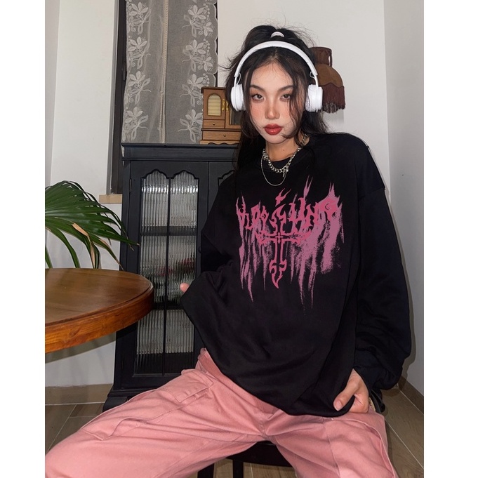 FOCUS Áo Nỉ nữ harajuku retro đen bigsize Ulzzang áo dài tay unisex 100%cotton