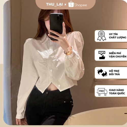 Áo Sơ Mi Croptop Trắng Tay Dài, Xinh Xắn Phong Cách Ulzzang