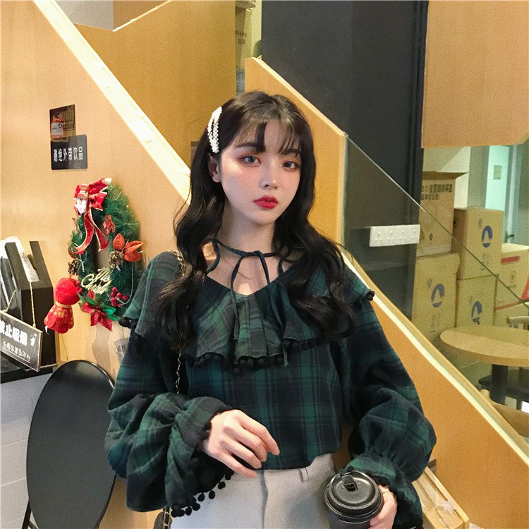 Áo Kiểu Trễ Vai Tay Dài Họa Tiết Sọc Caro Màu Sắc Tương Phản | BigBuy360 - bigbuy360.vn