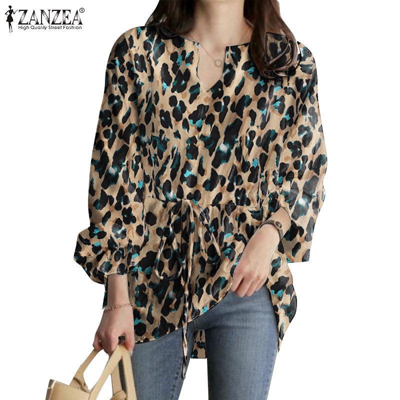 Áo blouse ZANZEA in da báo dây rút thắt eo cổ V tay loe thường ngày cho nữ