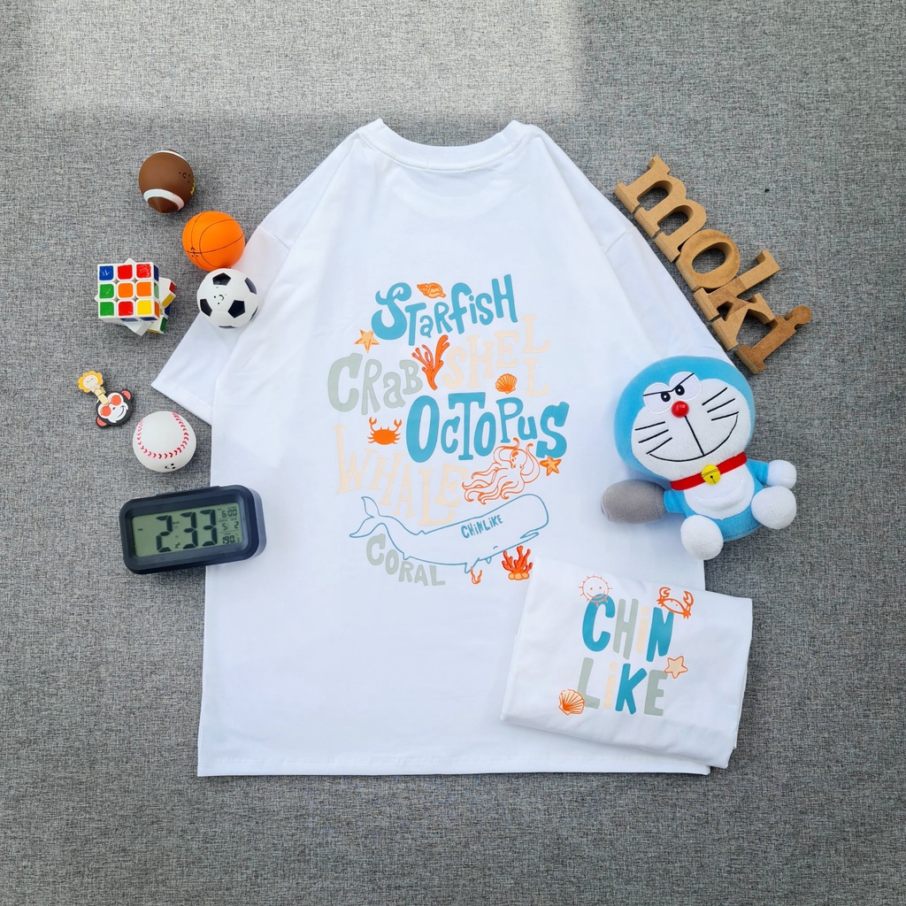 Áo phông áo thun nam nữ tay lỡ from rộng freesize chất cotton thoáng mát in  hình động vật biển và chữ cách điệu