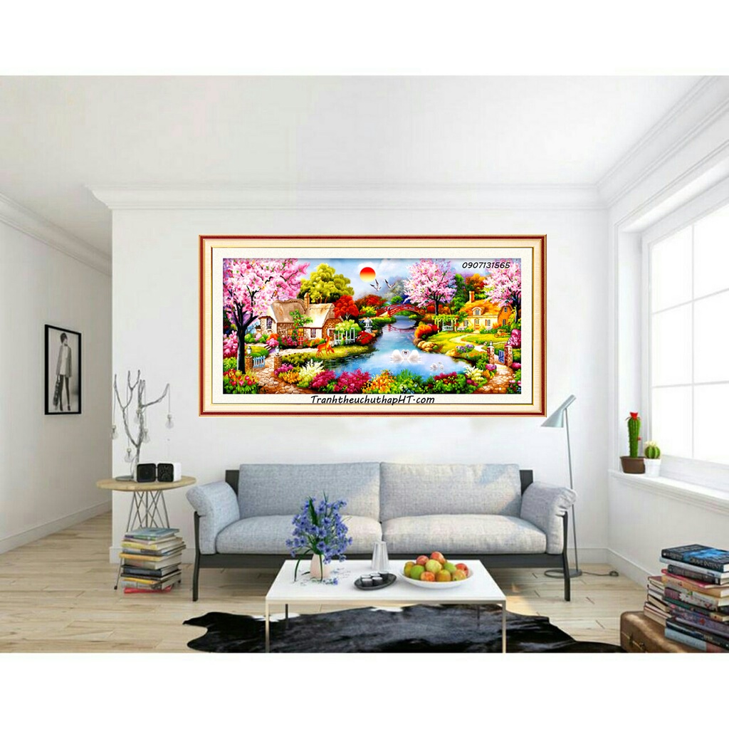 Tranh đính đá phong cảnh Mùa xuân bên hồ LV004, LV005, LV006, LV007 - tự đính
