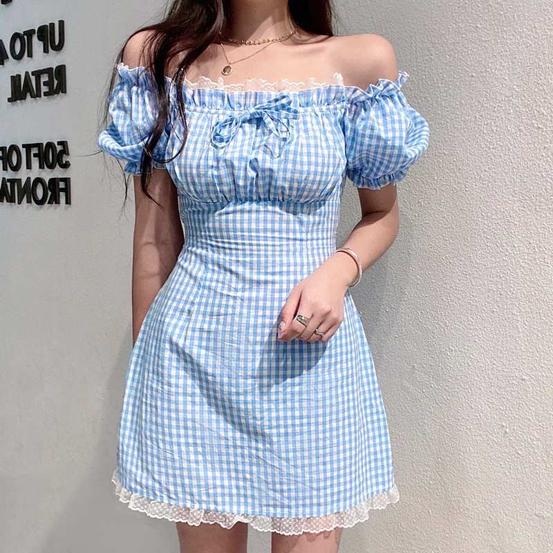 Đầm tay phồng phối ren họa tiết sọc caro màu xanh dương và trắng phong cách Pháp thời trang mùa hè mới