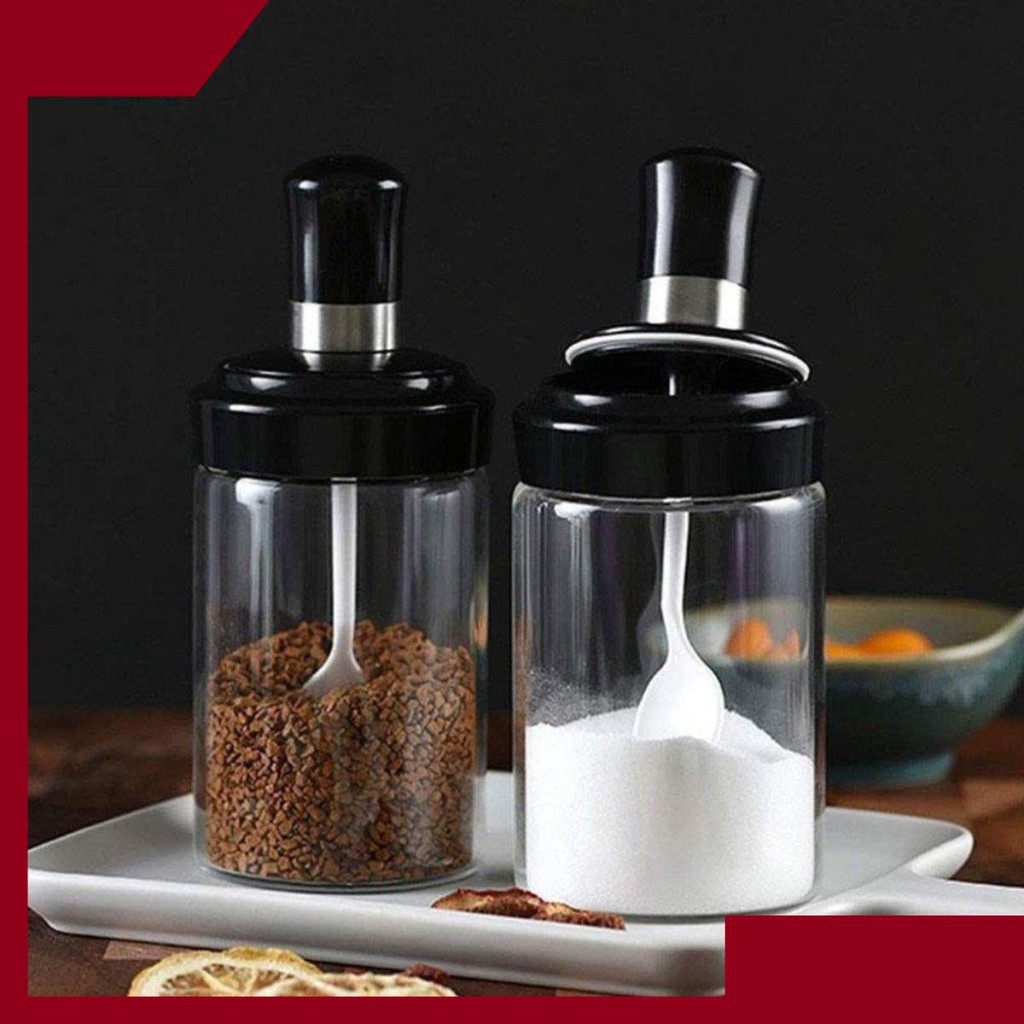 Combo 2 Lọ đựng gia vị kèm thìa 250ml, thủy tinh cao cấp, thìa gắn liền với nắp hộp thông minh