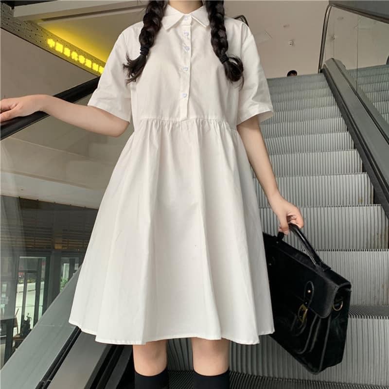 [QUÀ TĂNG LÀ SƯA TĂM]  VÁY BABYDOLL CỔ ĐỨC KHUY CÀI CỘC TAY, ĐẦM NỮ TRƠN DÁNG XÒE, ĐẦM DÁNG SUÔNG, ĐẦM DỰ TIỆC | BigBuy360 - bigbuy360.vn