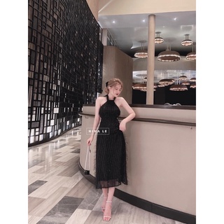 ĐẦM MAXI LÔNG VŨ CỔ YẾM KHOÉT EO HỞ LƯNG