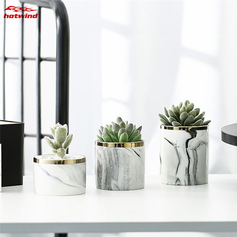 Chậu gốm in vân cẩm thạch trồng cây sen đá kèm giá đỡ kim loại phong cách Bắc Âu trưng bày trang trí nhà cửa