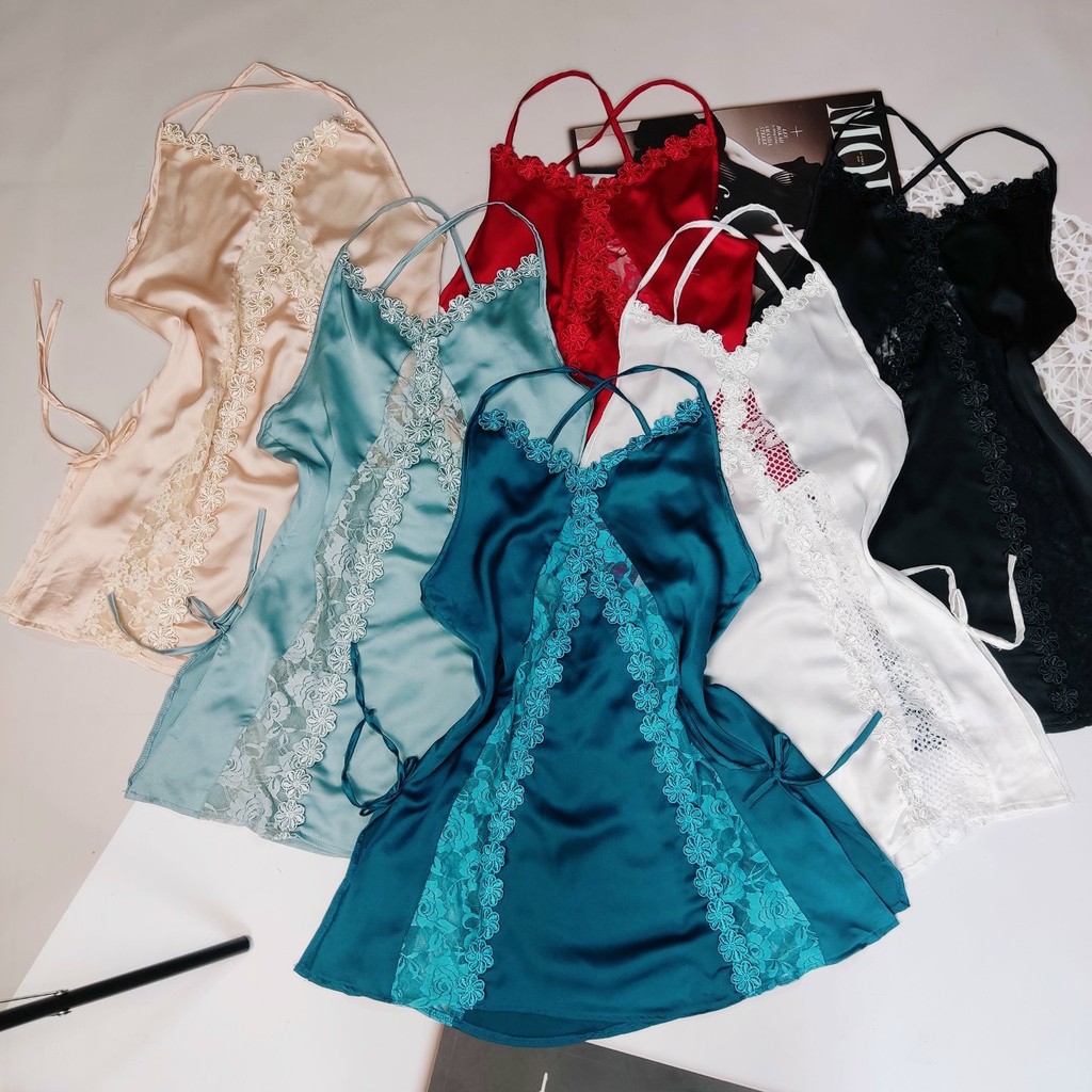 Váy Ngủ Sexy Lụa Satin Phối Ren Mềm Mịn Váy Ngủ Sexy Gợi Cảm Freesize Dưới 60kg - Linqu Sleepwear | BigBuy360 - bigbuy360.vn