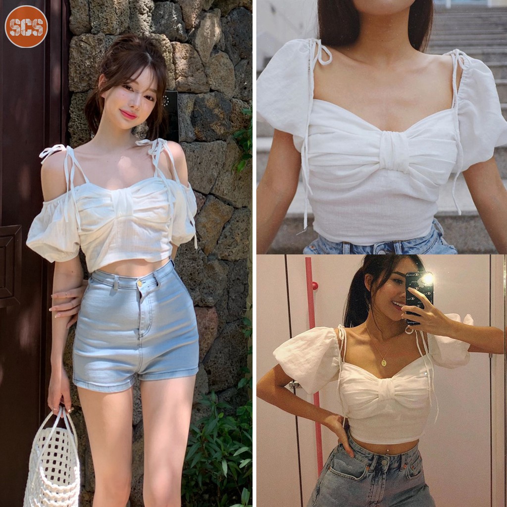 Áo croptop cột nơ vai [ Áo_nhún_nơ_vai]