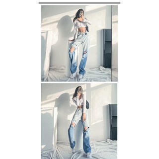 QUẦN JEAN ỐNG RỘNG NỮ LOANG MÀU XANH RÁCH VẠT SỌC PHẢI PHỐI VẠT TRÁI FORM DÀI RỘNG LAI