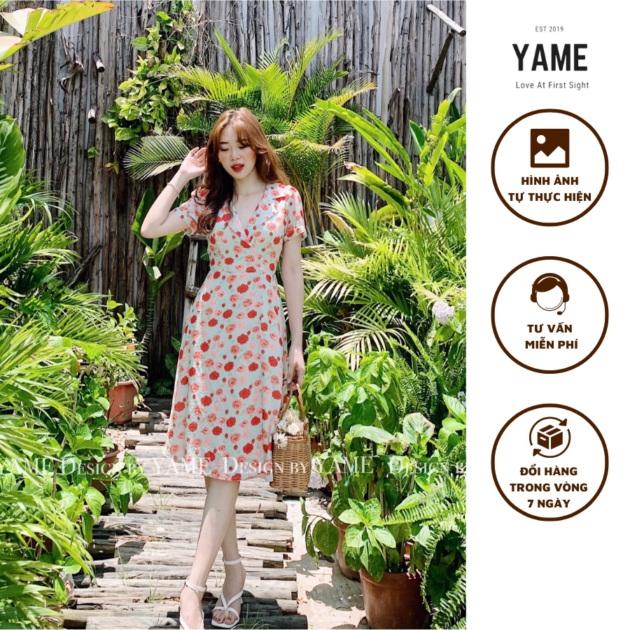 Váy đầm hoa hồng cổ vest màu xanh chất vải hoa xốp cao cấp 2 lớp đi chơi đi du lịch YAME