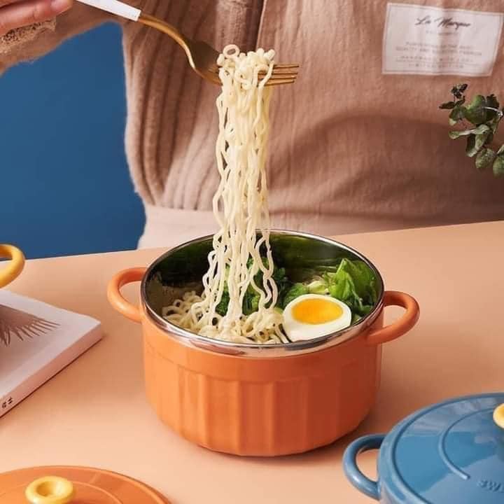 Bát Úp Mỳ, Cốc Đựng Canh, Đựng Cơm, Tô Cháo, Súp Lõi Inox Có Tay Cầm Dạng Nồi Tông Màu Hiện Đại