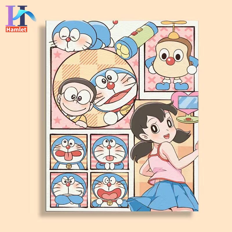 Bộ tranh sơn dầu Hamlet tô màu theo số hình hoạt hình Doraemon trang trí nhà cửa cỡ 40*50cm