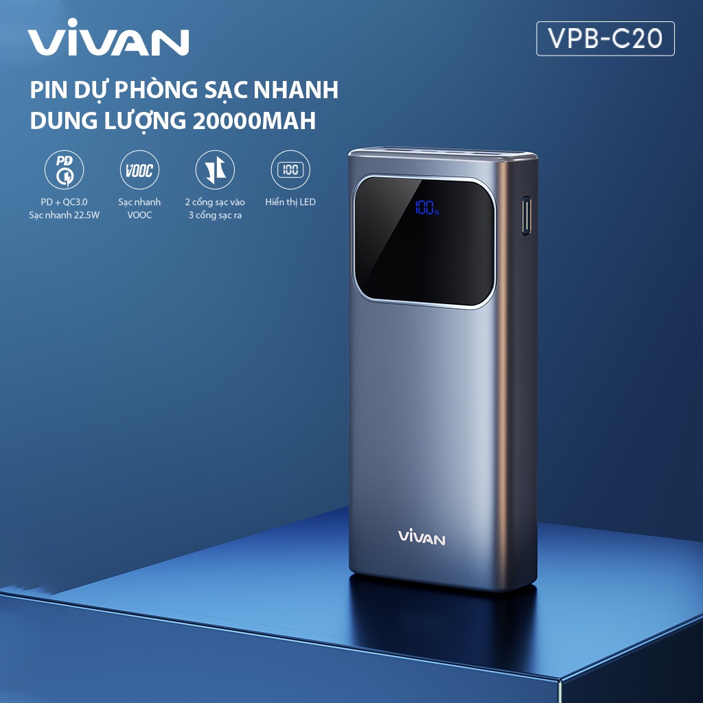 Pin dự phòng sạc nhanh VIVAN VPB-C20 Xanh 20000mAh Hiển thị đèn LED PD+QC3.0 22.5W- bảo hành 12 tháng