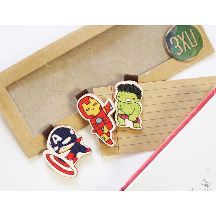 Set 3 Bookmark Gỗ Nam Châm Captain, Iron Man, Hulk