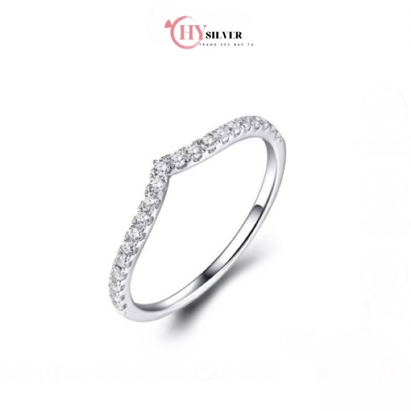 Nhẫn bạc ta chữ V nạm đá nhẫn 1 hàng đá cách điệu nhẫn nữ bạc thật có size to