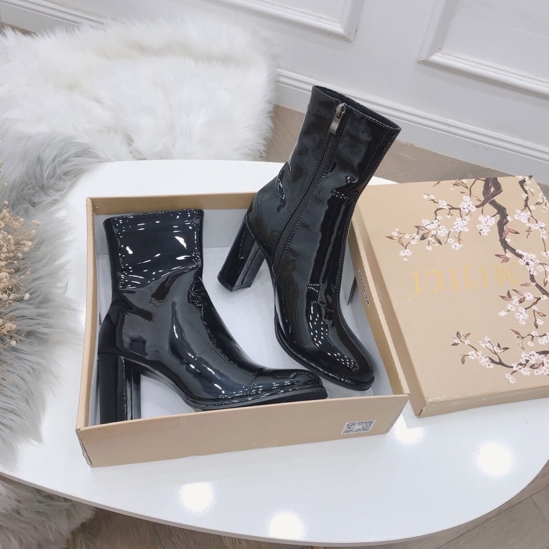 Bốt nữ Boots cao cổ mũi tròn da bóng gót trụ vuông cao 9p hàng cao cấp fullbox