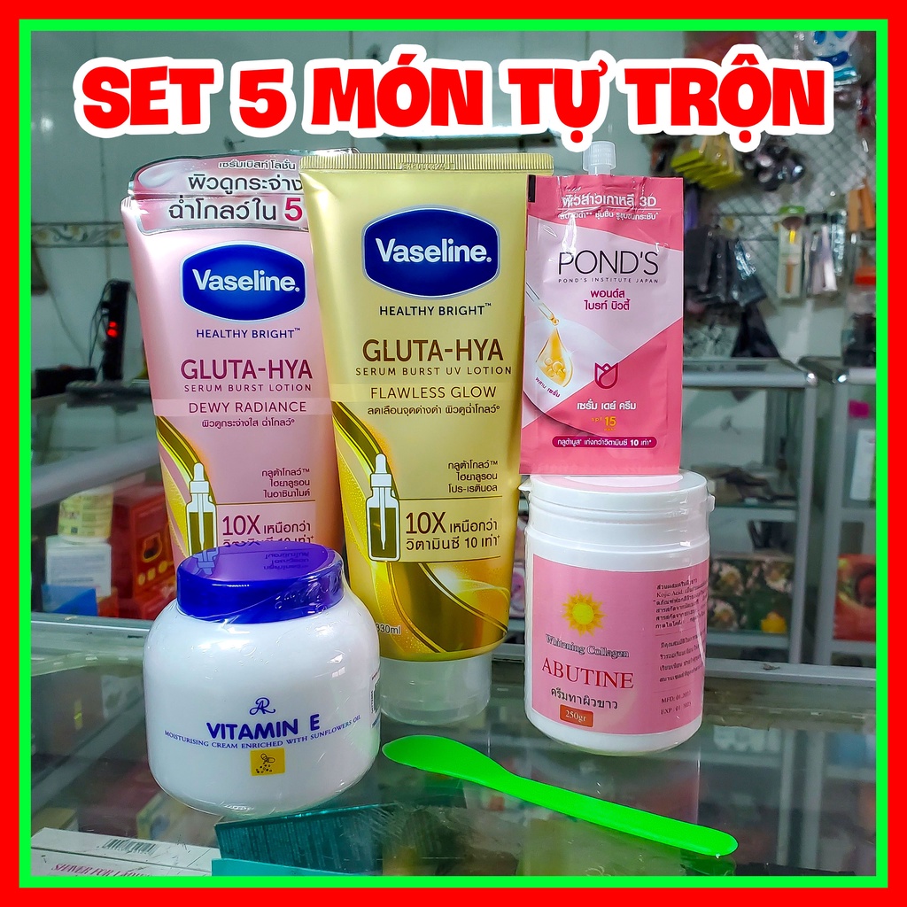 Combo Kem Tự trộn Vaseline 10X + Abutine Hồng + Vitamin E chính hãng siêu trắng nhanh