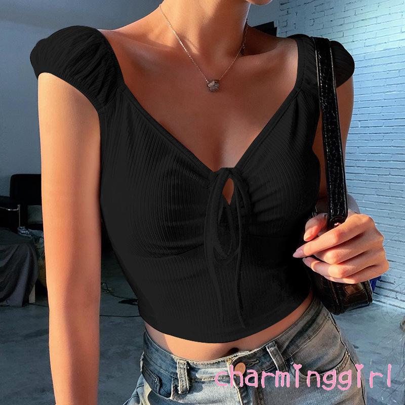 Áo croptop cổ dây dáng ôm tay ngắn có dây rút