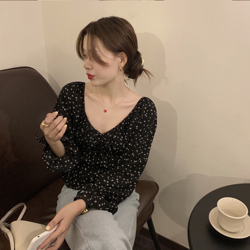 Áo Sơ Mi Voan Cổ Vuông Tay Dài Họa Tiết Hoa Phong Cách retro Dành Cho Nữ