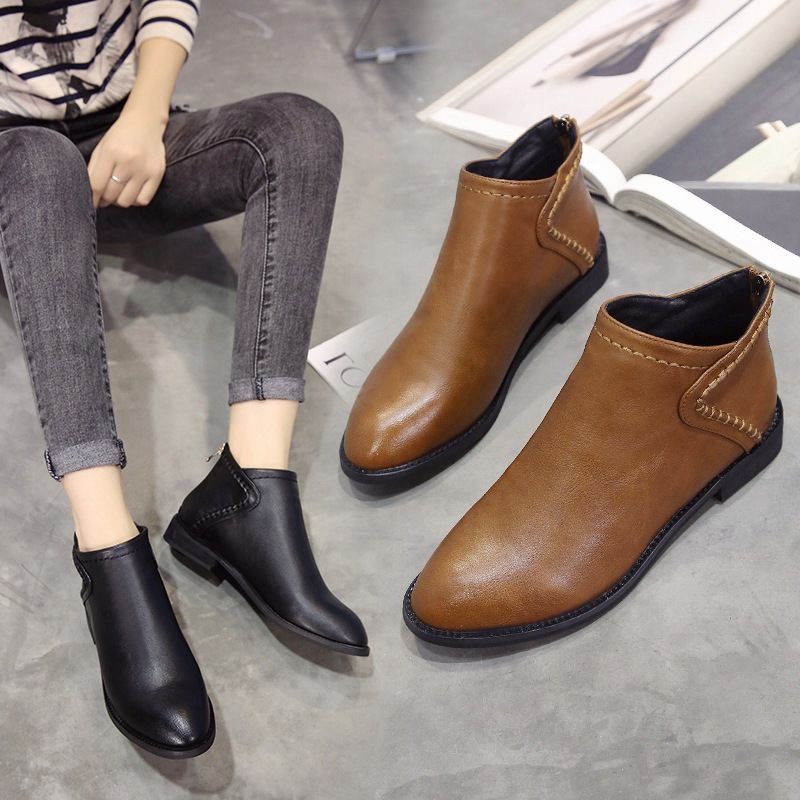 Giày Boots da thời trang thu đông 2020 cho nữ✪Giày boot đế thấp lót nhung thời trang cho nữ✪Giày bốt Martin cổ cao tới mắt cá chân thiết kế sành điệu