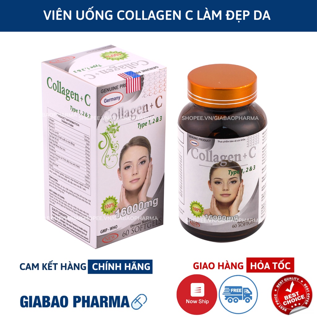 Viên uống COLLAGEN +C bổ sung collagen, vitamin e giúp chống lão hóa, cải thiện nếp nhăn - Hộp 60 viên dùng 30 ngày