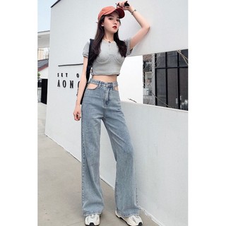 (Ảnh thật) Quần bò jeans nữ ống suông rộng cá tính hở eo sexy