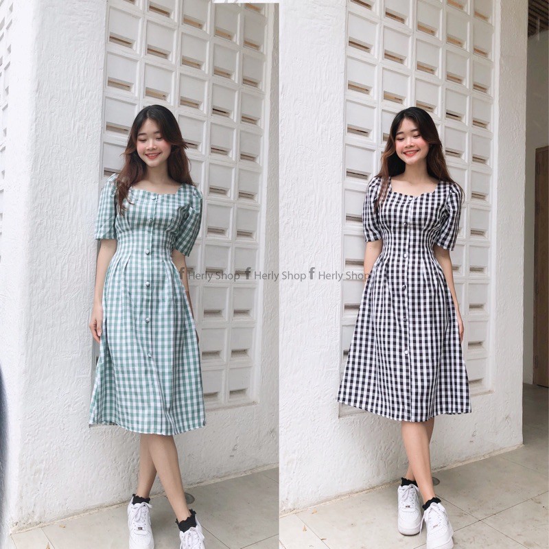 ĐẦM MIDI CỔ U PHỐI NÚT
