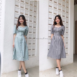 Đầm midi cổ u phối nút