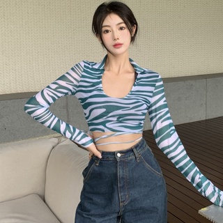 Áo croptop tay dài cổ chữ u trong suốt in họa tiết ngựa vằn