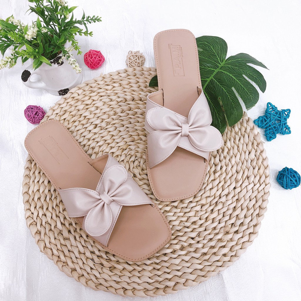 Dép lê nữ thời trang thiết kế  quai chéo đính nơ cánh mềm,dễ thương,đi dạo phố,đi biển-Pamshoes DLB05