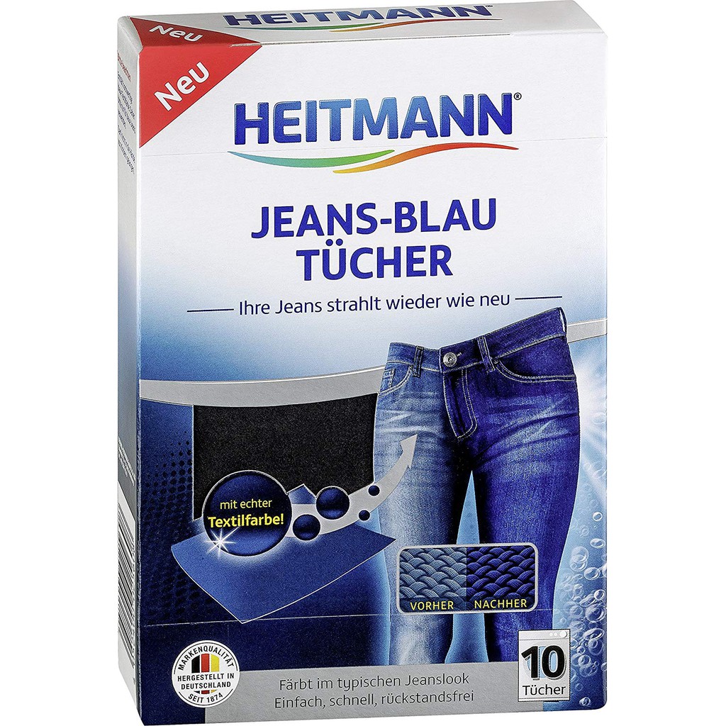 <MỚI> Giấy nhuộm Xanh đồ Jean, cho quần áo màu Jean trở nên như mới - Heitmann, hộp 10 tờ
