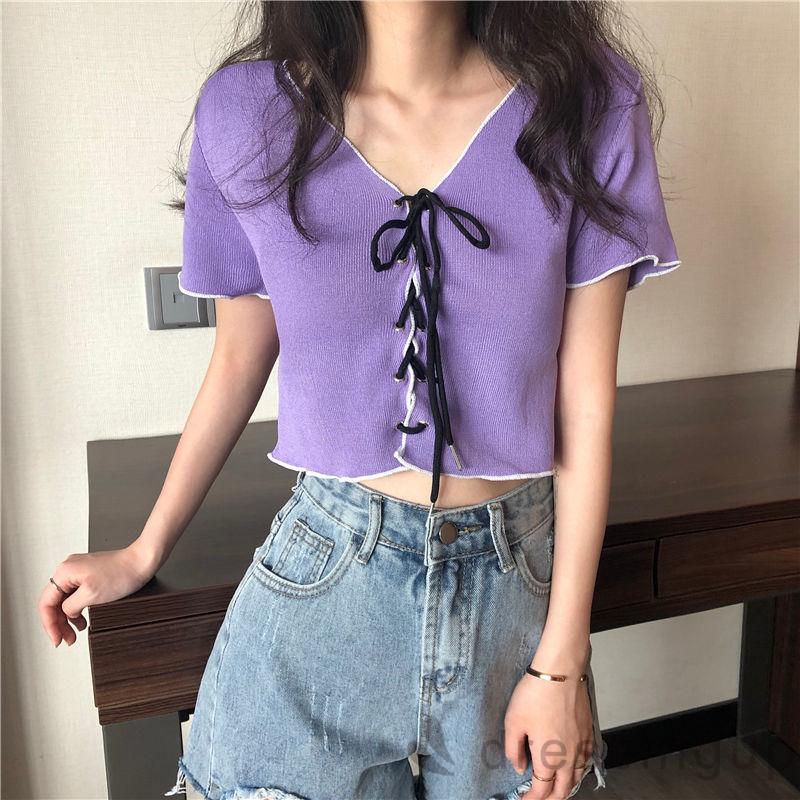 [Mã FAMAYWA giảm 10K đơn 50K] Áo Croptop Tay Ngắn Cổ Chữ V Thiết Kế Cột Dây Quyến Rũ Cho Nữ | BigBuy360 - bigbuy360.vn