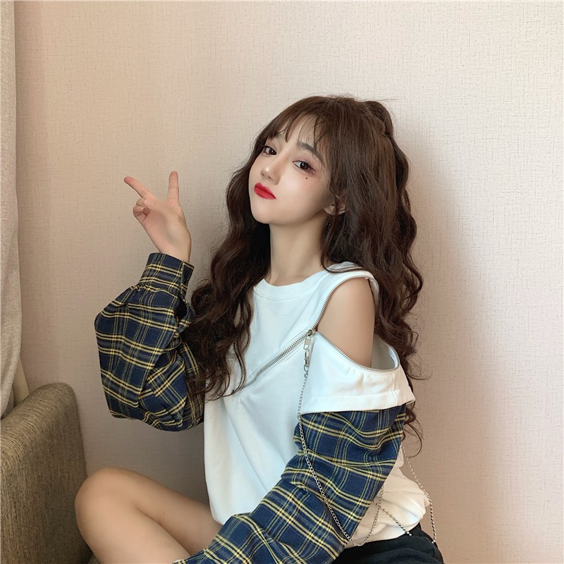 Áo giả 2 mảnh tay dài sọc caro cổ tròn có dây kéo khoét vai ulzzang ( 2 màu )