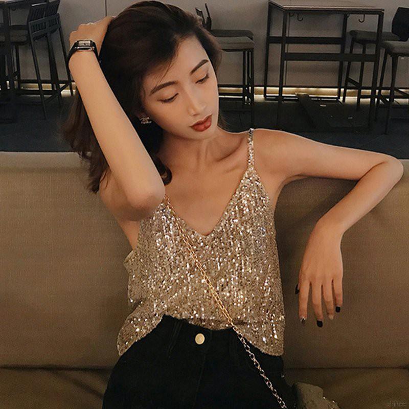 Áo thun không tay đính sequin lấp lánh thời trang dành cho nữ