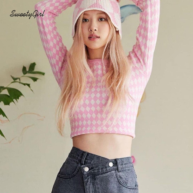 Áo Sweater Lửng Dệt Kim Cổ Tròn Tay Dài Màu Sắc Tương Phản Dễ Phối Đồ Cho Nữ