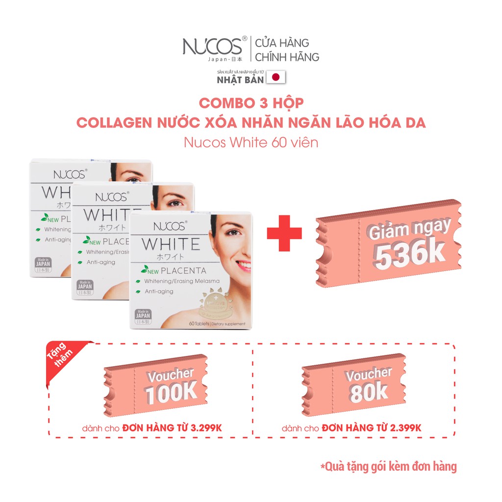 Combo 3 Hộp Viên uống trắng da giảm thâm nám chống nắng Nucos White 3x60 viên