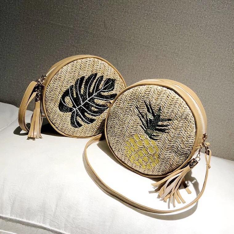 Túi cói tròn hoạ tiết Vintage