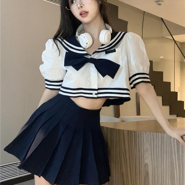 Jiashucheng Bộ Áo Sơ Mi Ngắn Tay Thắt Nơ Cổ + Chân Váy Phong Cách Preppy Thời Trang Mùa Hè Cho Nữ