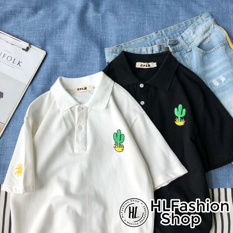 Áo polo thun cổ trụ thêu cây xương rồng, áo thun size có cổ HLFashion