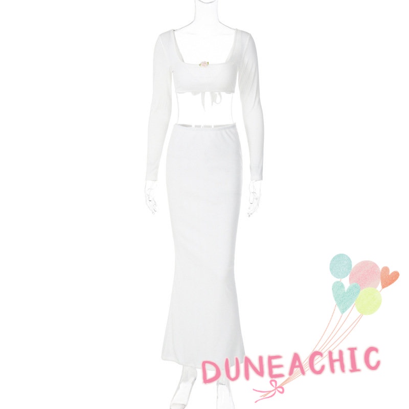 Set đồ DUNEA gồm áo thun lửng cổ vuông và chân váy dài thời trang dành cho nữ