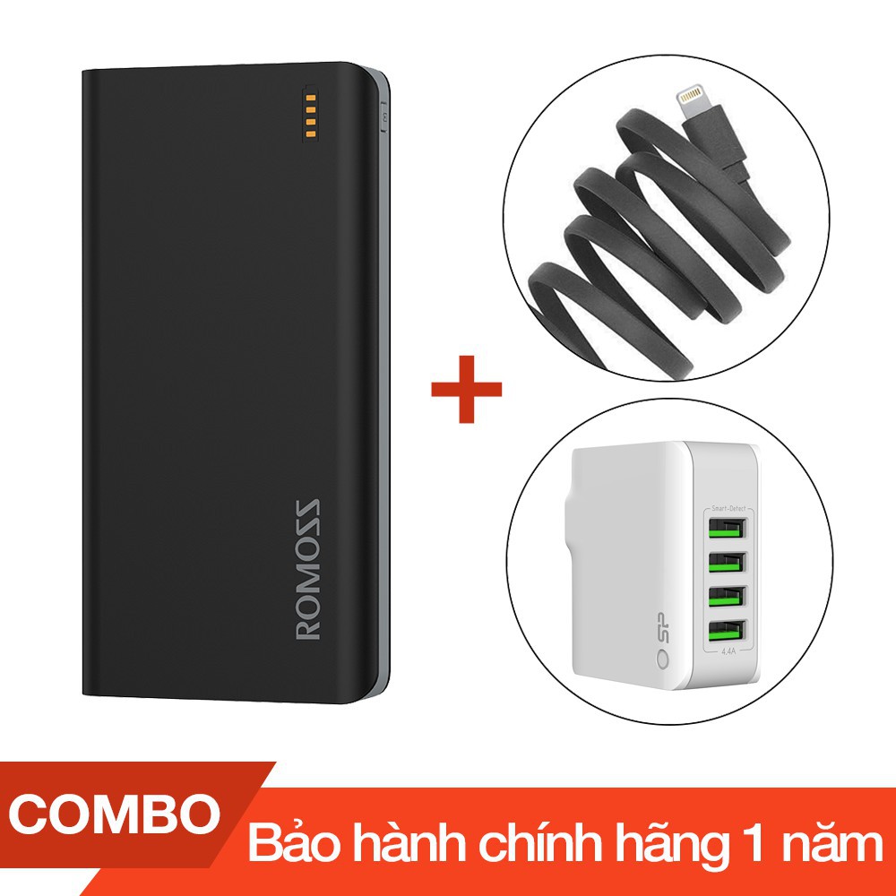 Combo Pin sạc dự phòng 20000mAh Solit 20 Romoss + Cáp sạc lightning Romoss dài 1m + Cốc sạc 4 cổng USB 4.4A - Chính hãng